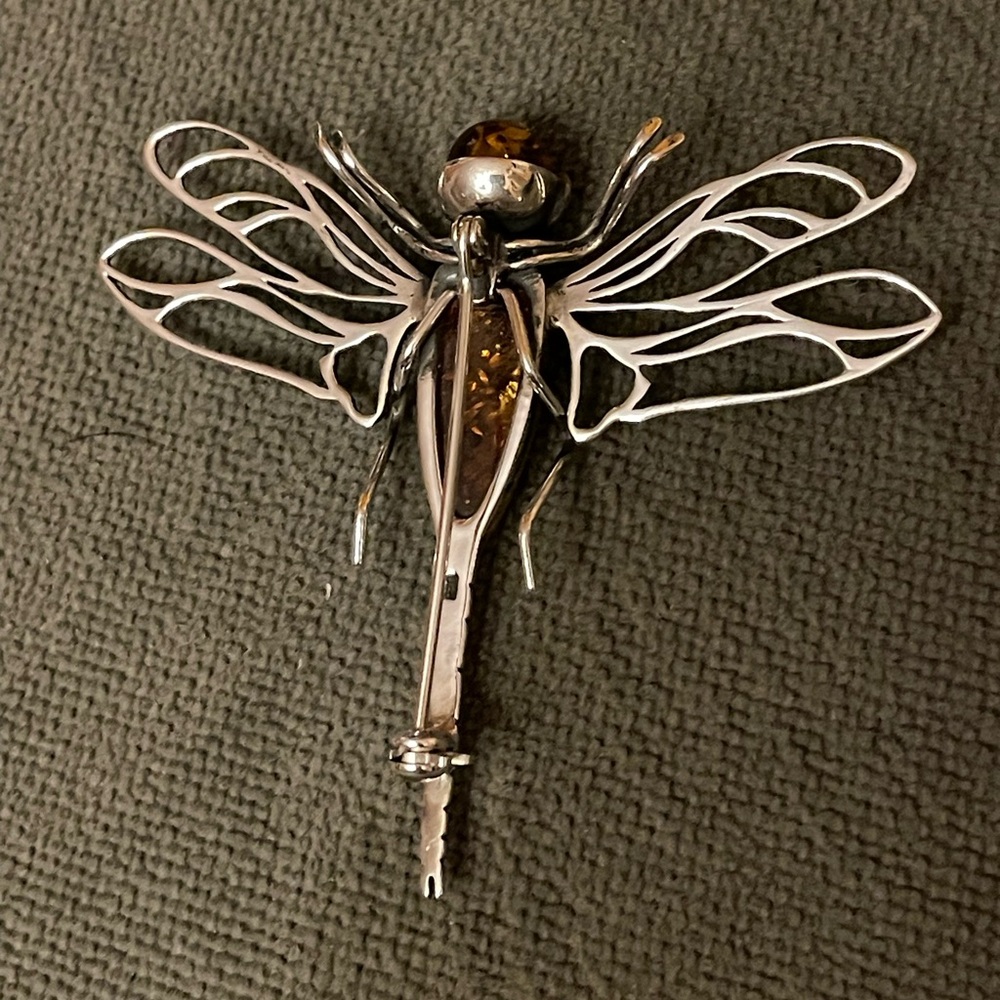 Sterling Silver Dragonfly Brooch with Amber Detail - Picture 2 of 5